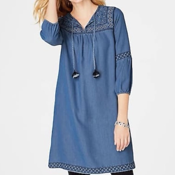 J. Jill Chambray Tencel Boho Embroidered Denim Dress - Picture 2 of 12